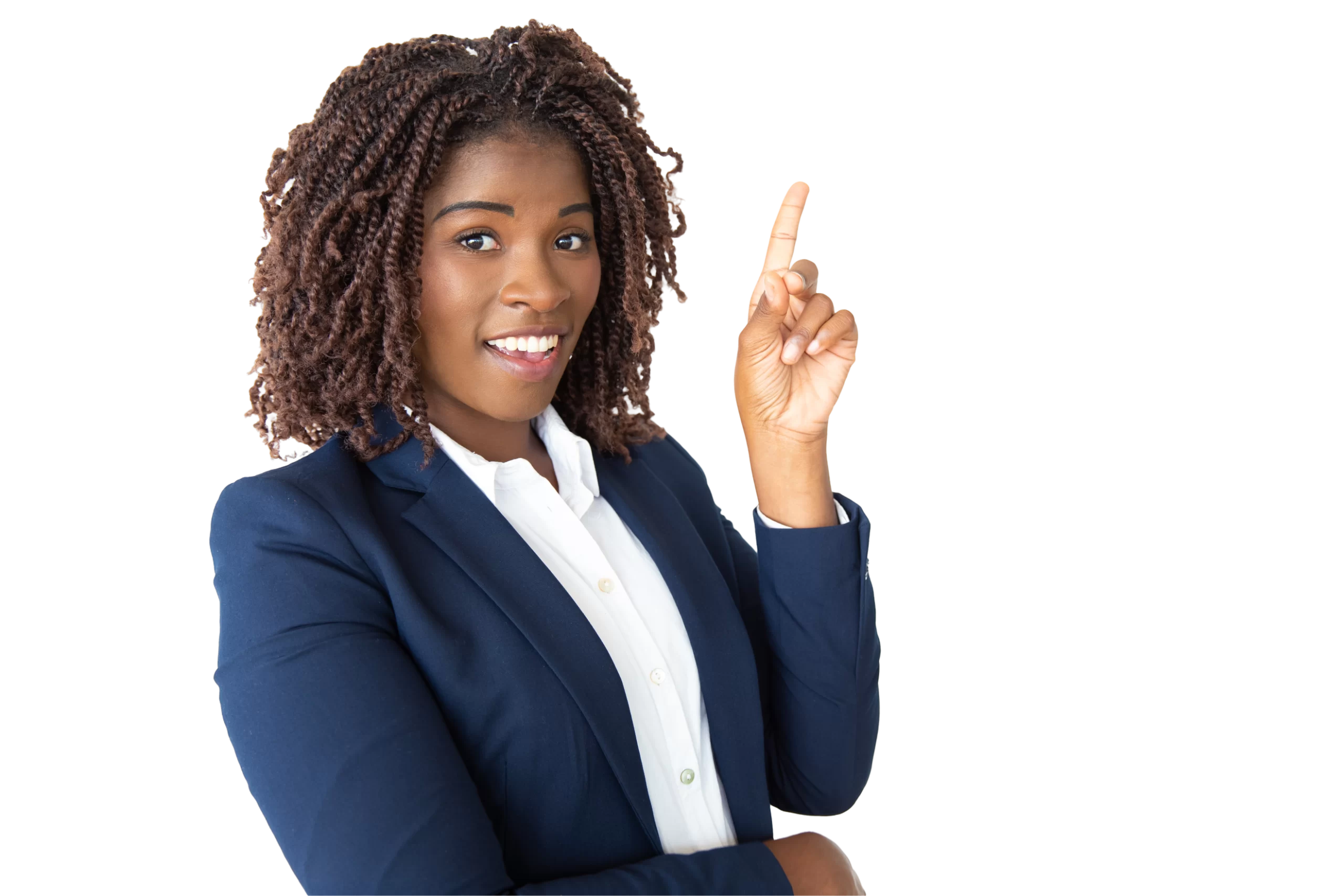 cheerful businesswoman pointing up